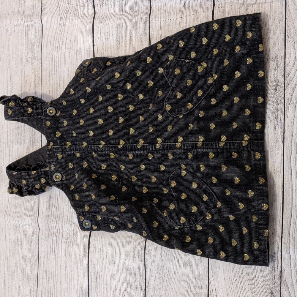 Corduroy overall dress with sparkly gold hearts